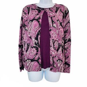 Croft and Barrow Sweater Set Womens M Purple Paisley Cardigan Button Front